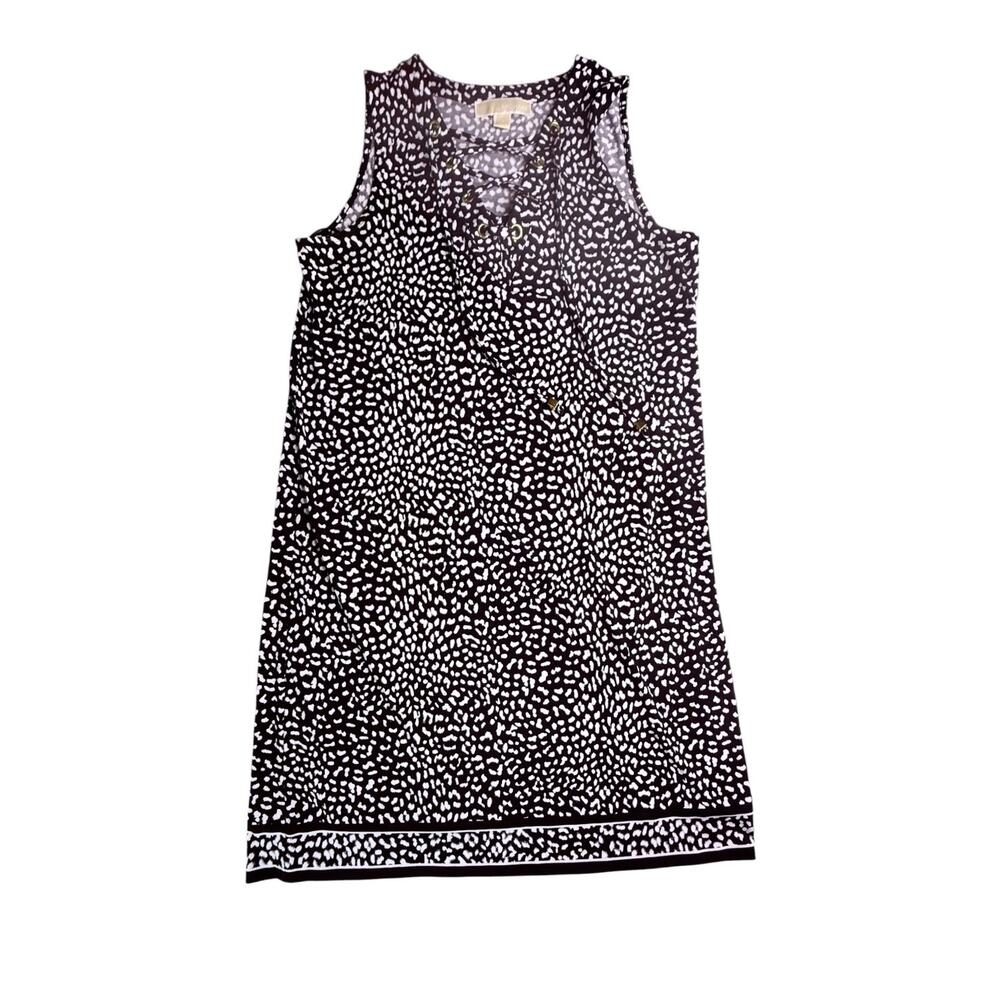 Michael Kors Tank Shirt Dress Ikat Womens SM Black White Grommet Tie Front VNeck